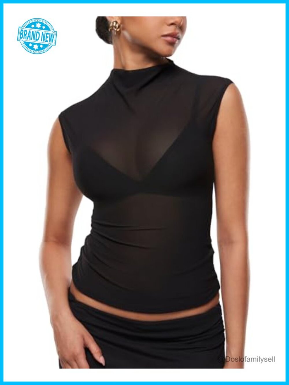 Women's Mesh Mock Neck Sleeveless Tank Top Slim Fit Party